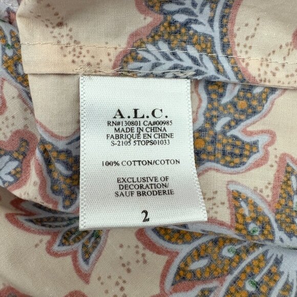 A.L.C. Elly Tie-Front Printed Top Size 2 Cotton Short Puff Sleeve Tassels Boho - Picture 10 of 11